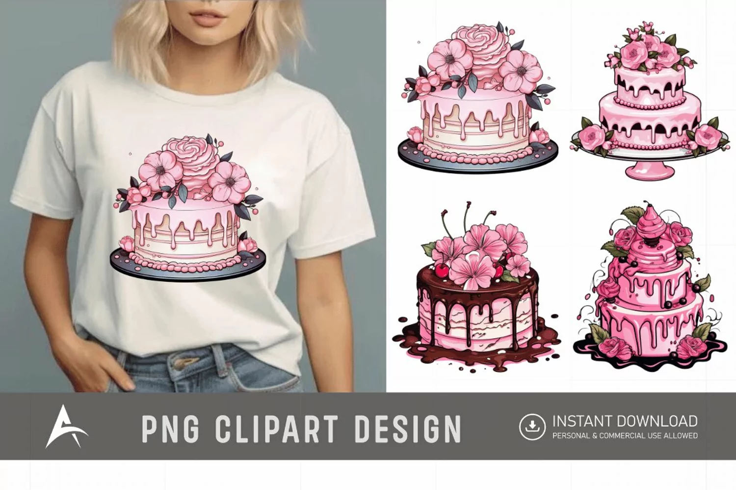 Watercolor Pink Cakes Sublimation Clipart product image 1