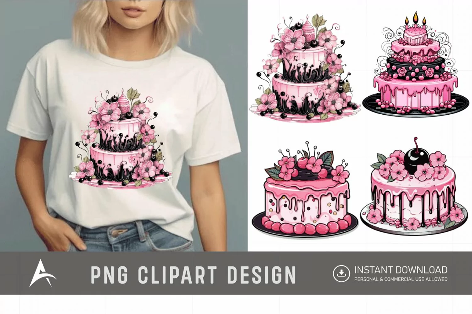 Watercolor Pink Cakes Sublimation Clipart product image 1