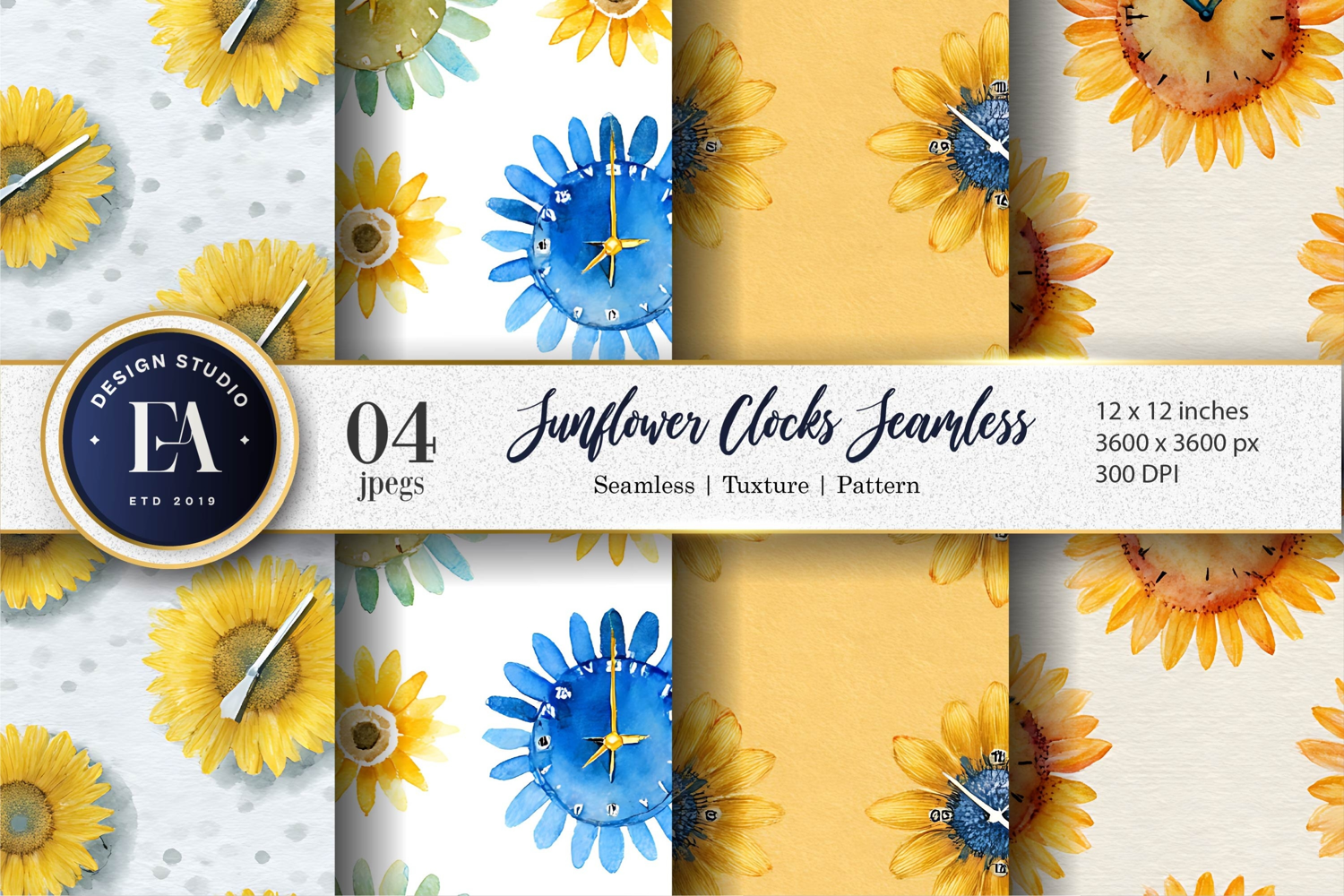Unique Watercolor Clocks Sunflowers Creative Digital Paper product image 1