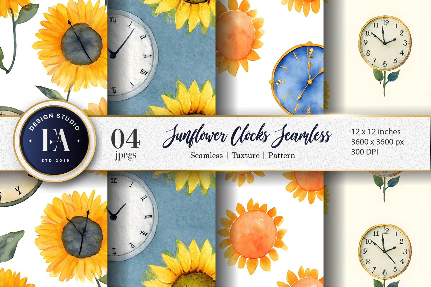 Unique Watercolor Clocks Sunflowers Creative Digital Paper product image 1