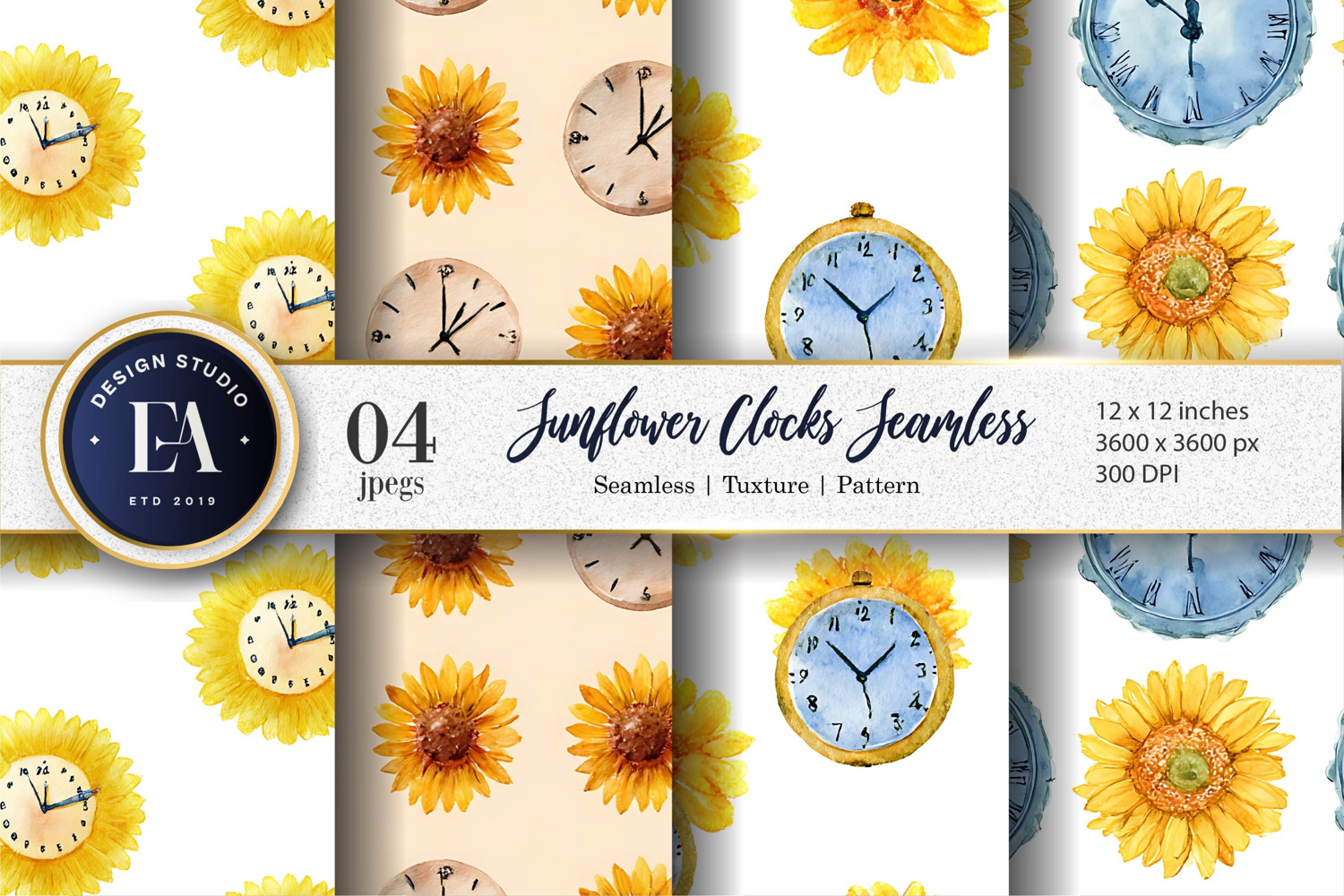 Watercolor Clocks Shaped as Sunflowers Digital Paper product image 1