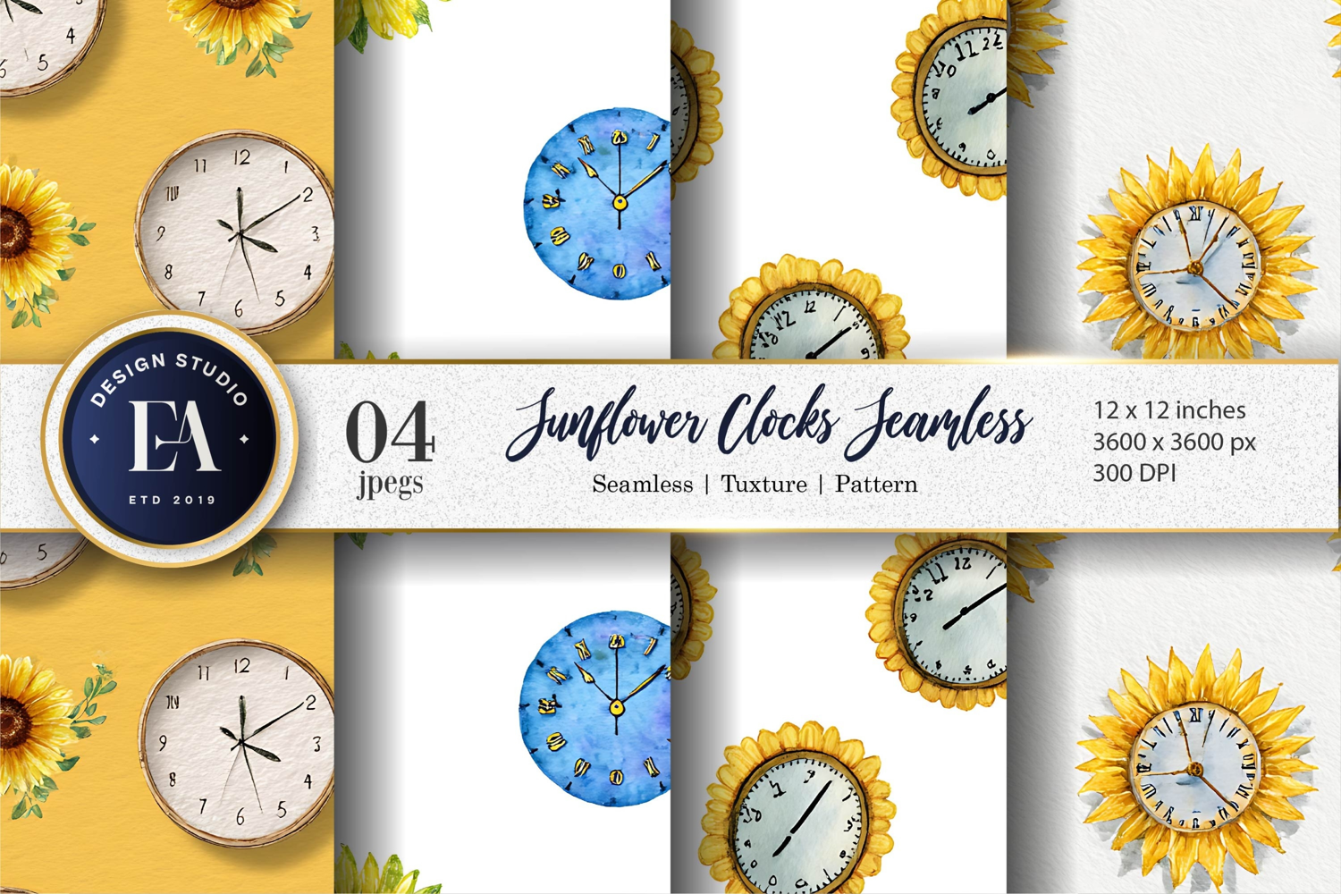 Sunflower Clock Pattern in Watercolor Digital Paper product image 1