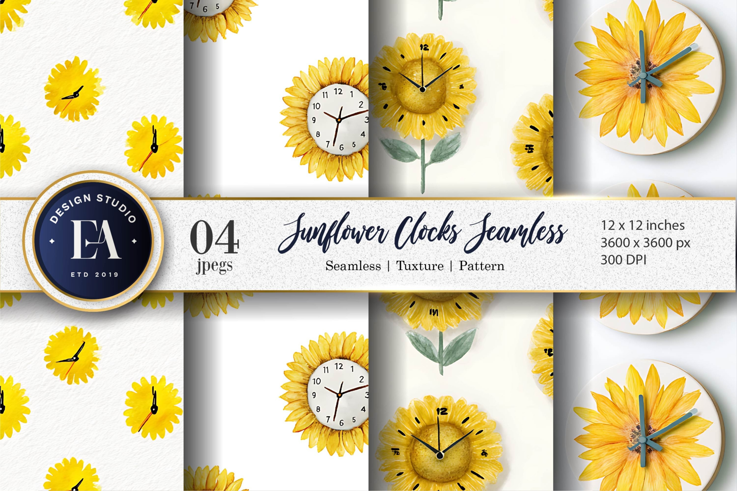 Sunflower Clock Pattern in Watercolor Digital Paper product image 1