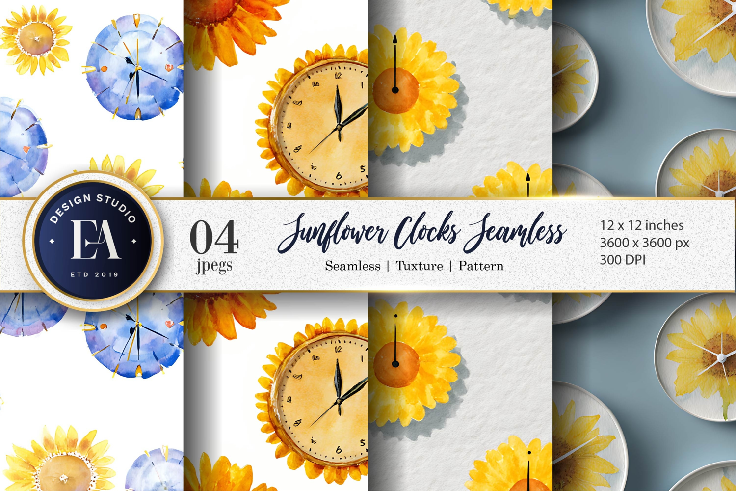 Sunflower Clock Pattern in Watercolor Digital Paper product image 1