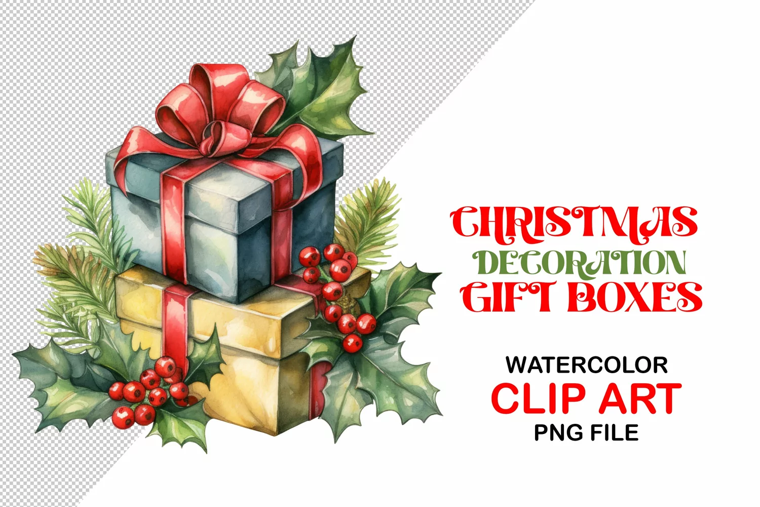 PNG Christmas gift boxes isolated on transparent background. Watercolor clip art