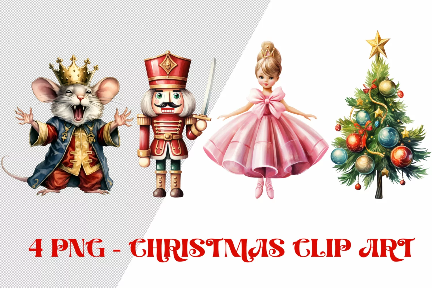 PNG Nutcracker, Ballerina, Mouse King, Christmas tree. Vintage fairytale character. Watercolor clip art