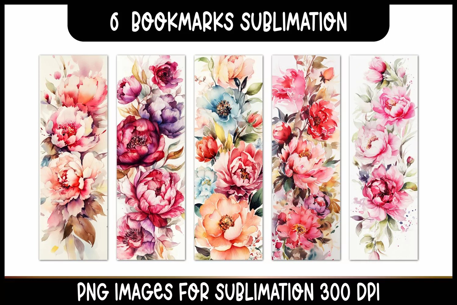 6 Peonies Flowers Watercolor Bookmarks Sublimation product image 1