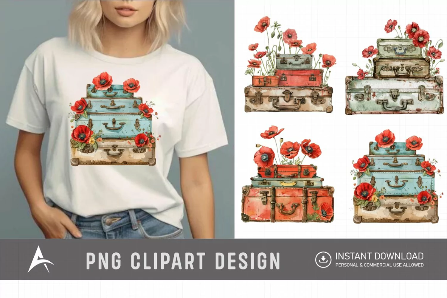 Watercolor Poppies with Stack Vintage Suitcases product image 1