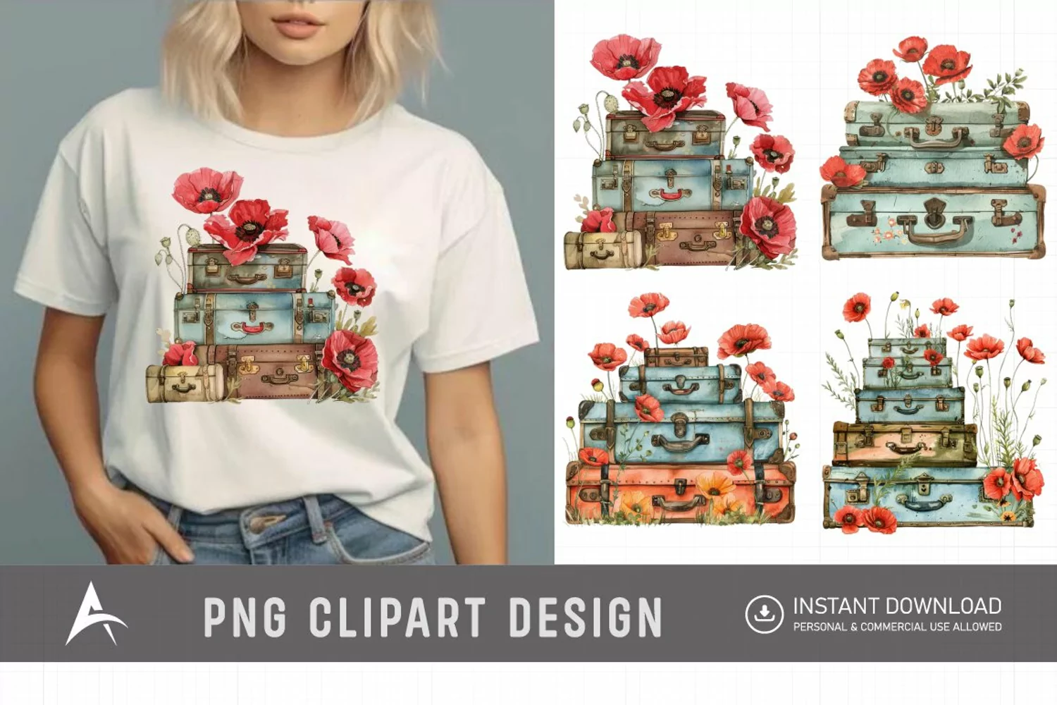 Watercolor Poppies with Stack Vintage Suitcases product image 1