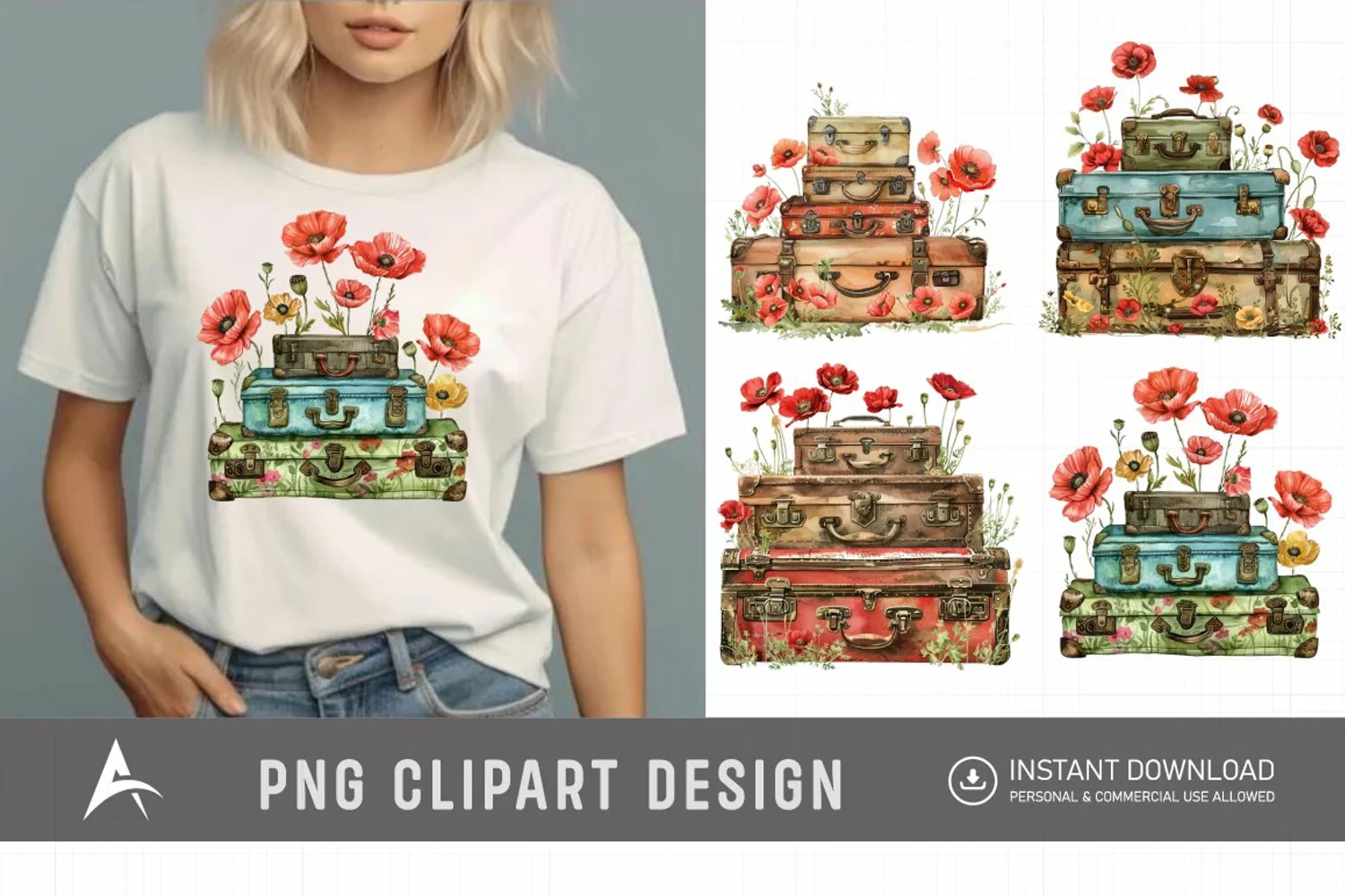 Watercolor Poppies with Stack Vintage Suitcases product image 1