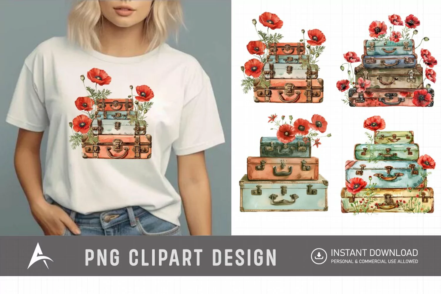 Watercolor Poppies with Stack Vintage Suitcases product image 1