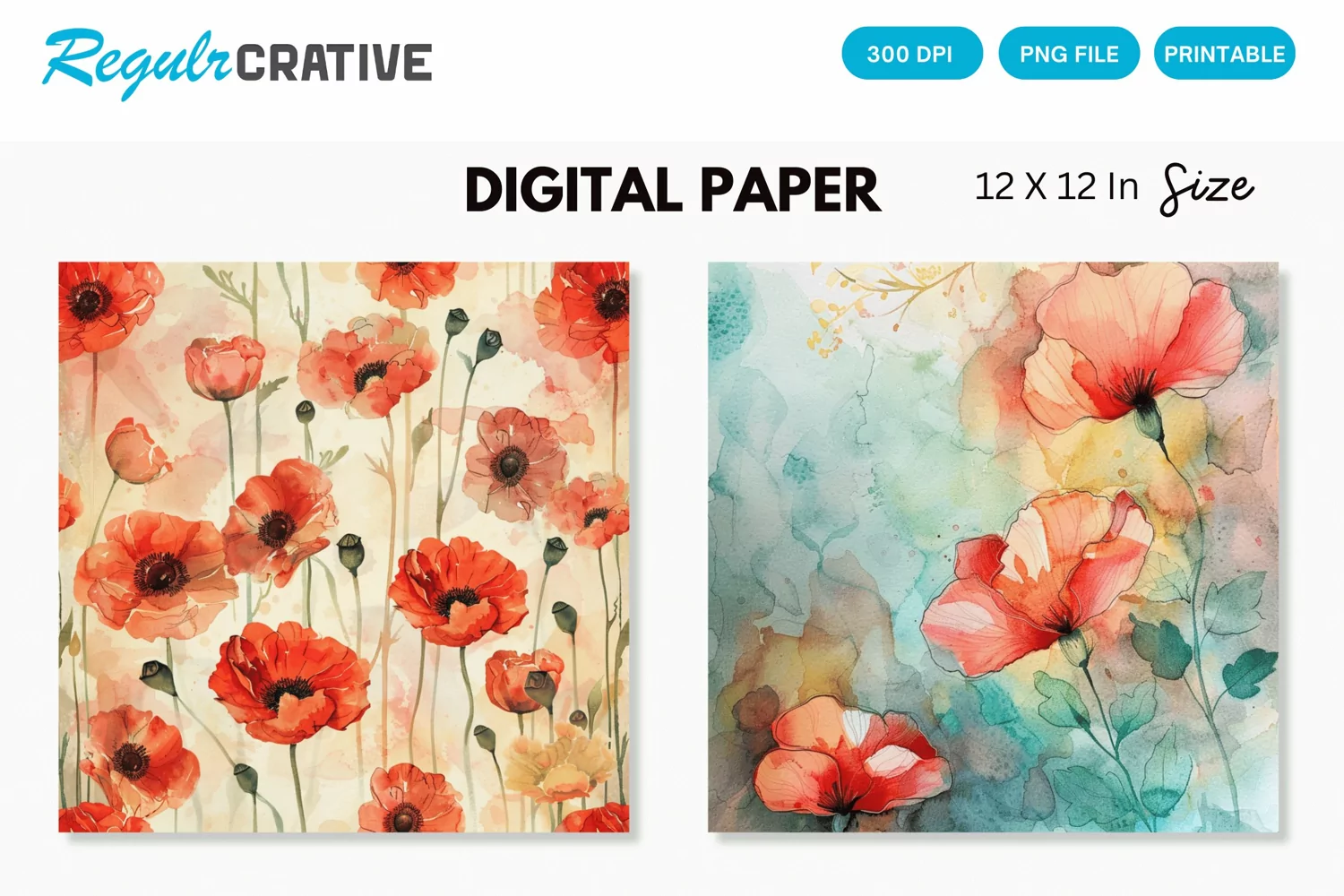 Watercolor Poppy Floral Seamless Digital Paper product image 1