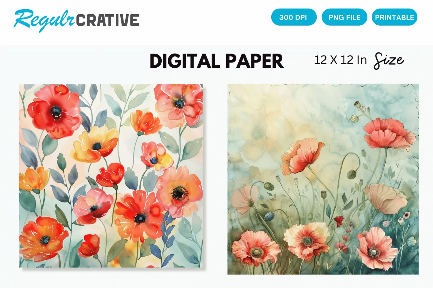 Watercolor Poppy Floral Seamless Digital Paper product image 1