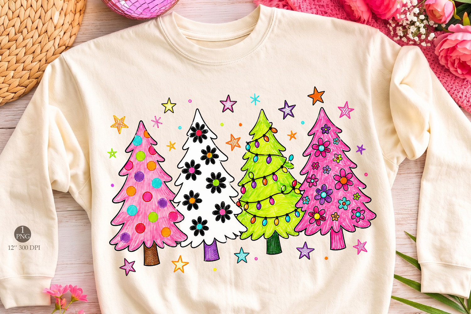 Preppy Christmas Tree Colorful png, Retro Christmas png product image 1