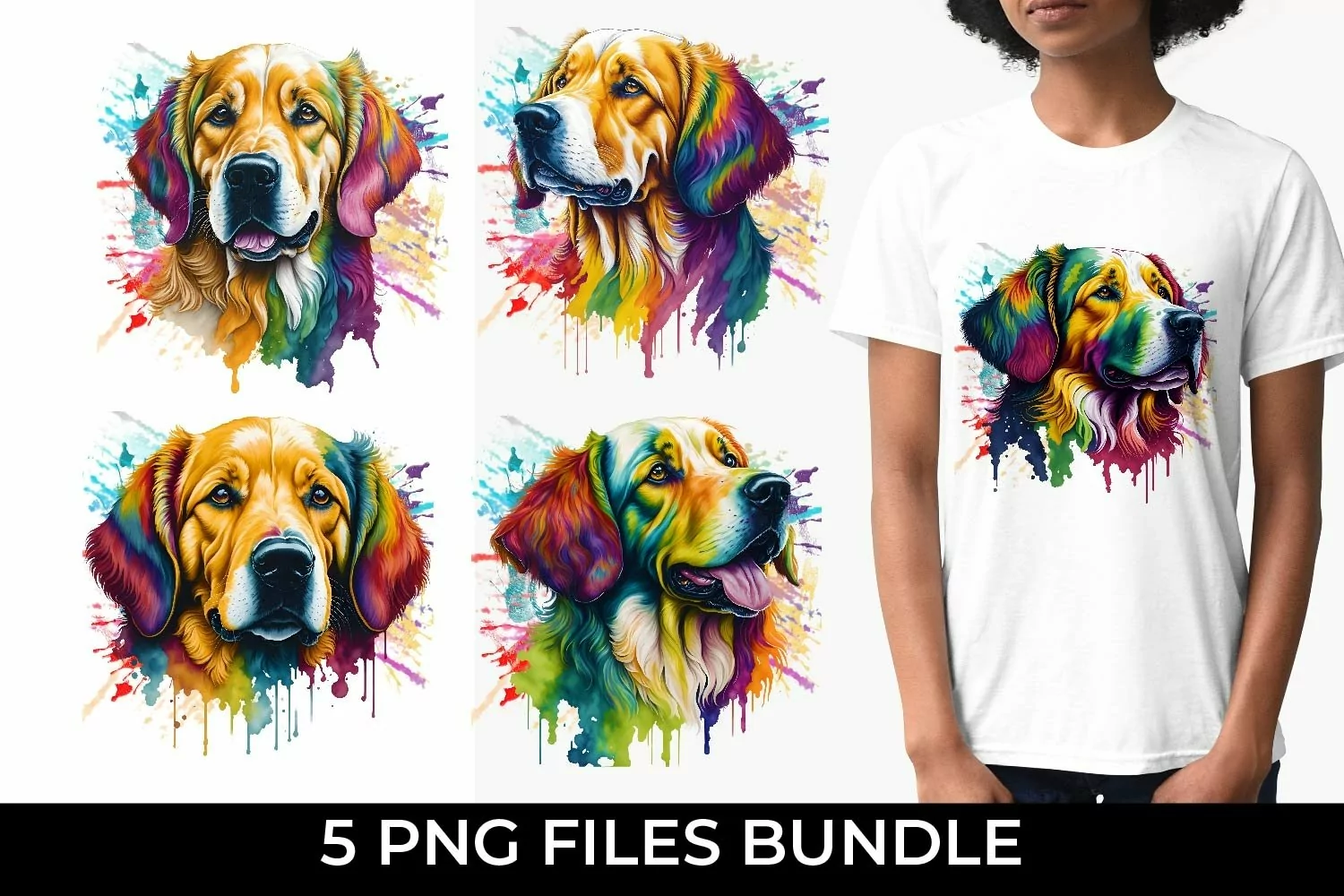 Rainbow Golden Retriever Watercolor PNG for Sublimation product image 1