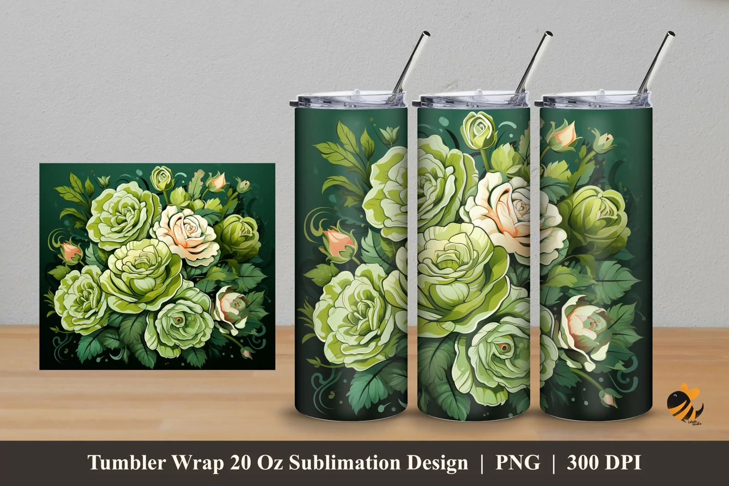 Green Flower Tumbler Wrap Sublimation Design 5 product image 1