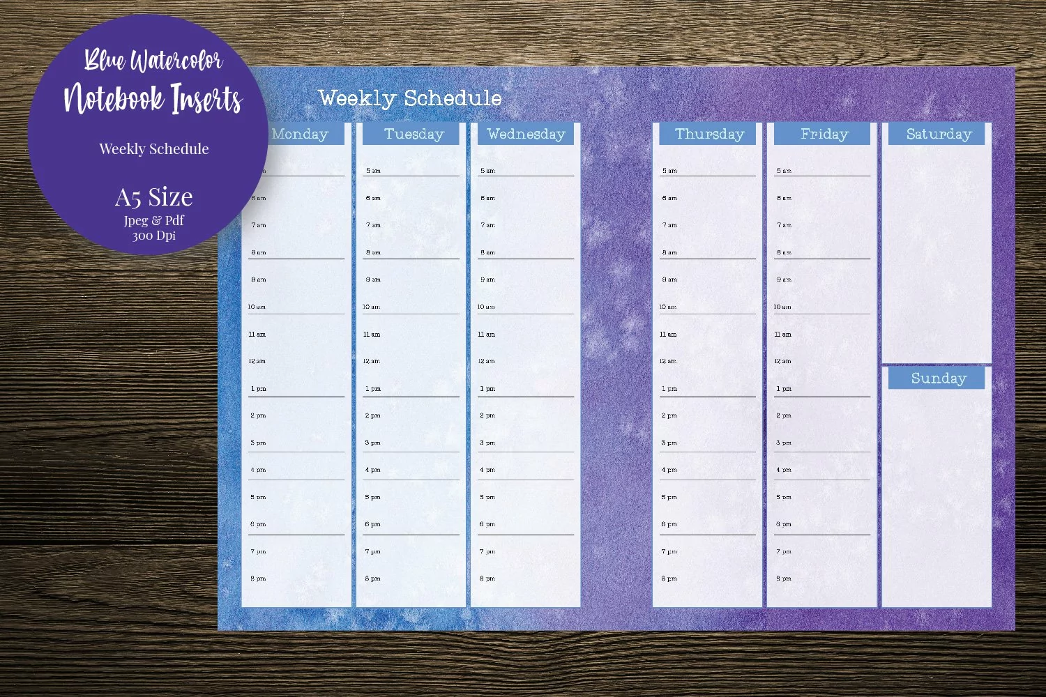 Blue Watercolor Weekly Schedule A5 Size Notebook Inserts product image 1