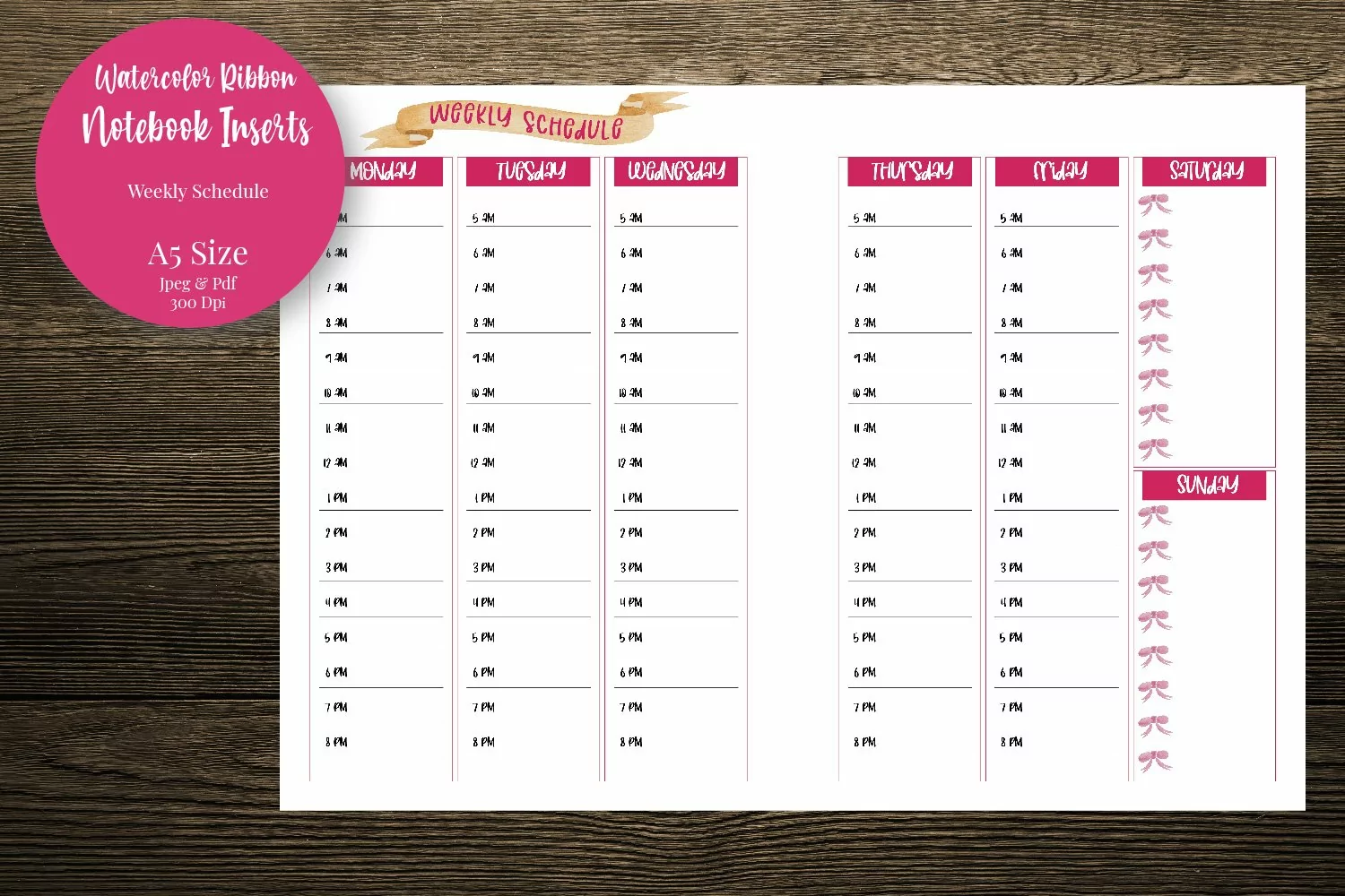 Watercolor Ribbon Weekly Schedule A5 Size Notebook Inserts product image 1