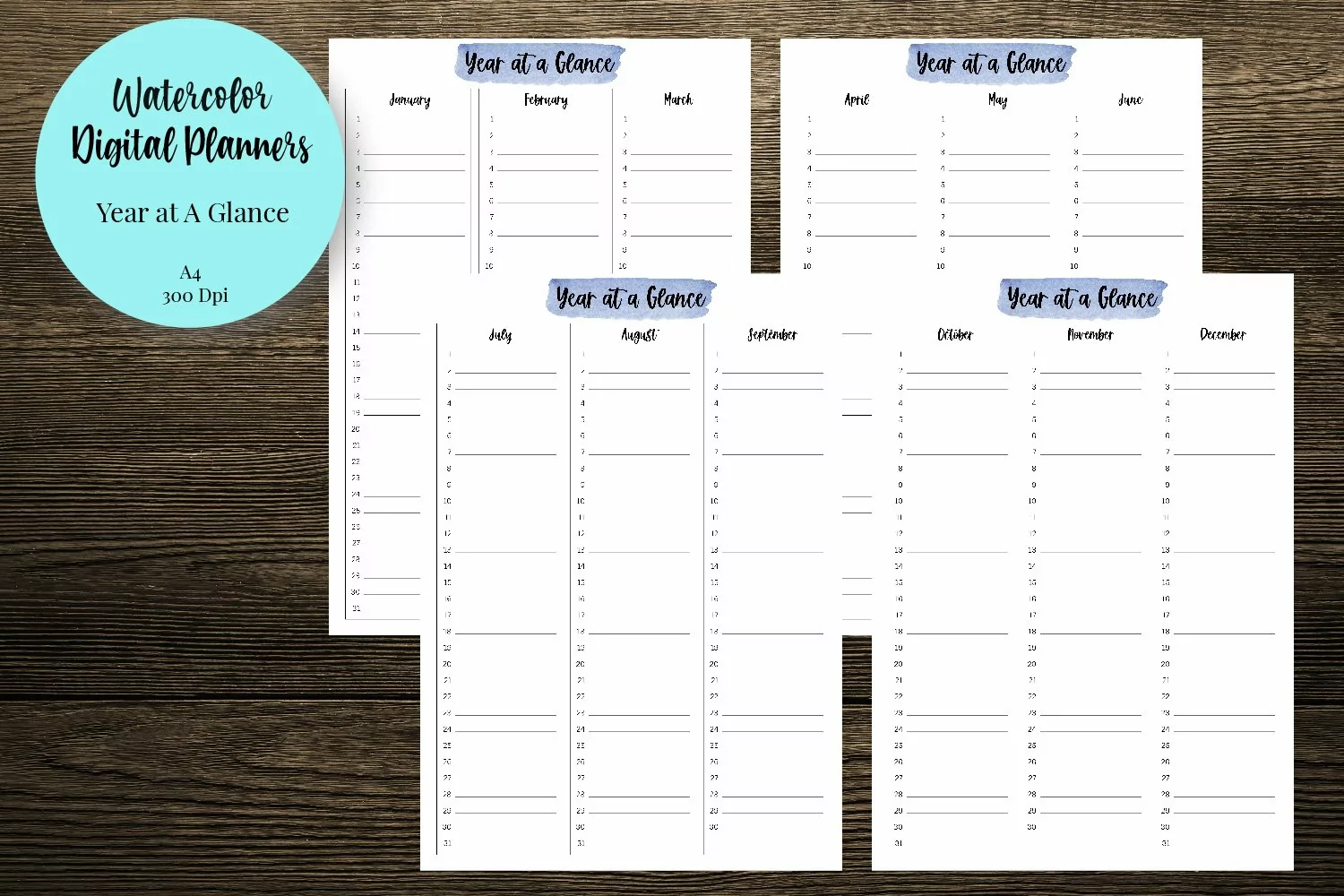 Watercolor Year at a Glance Digital Planners product image 1