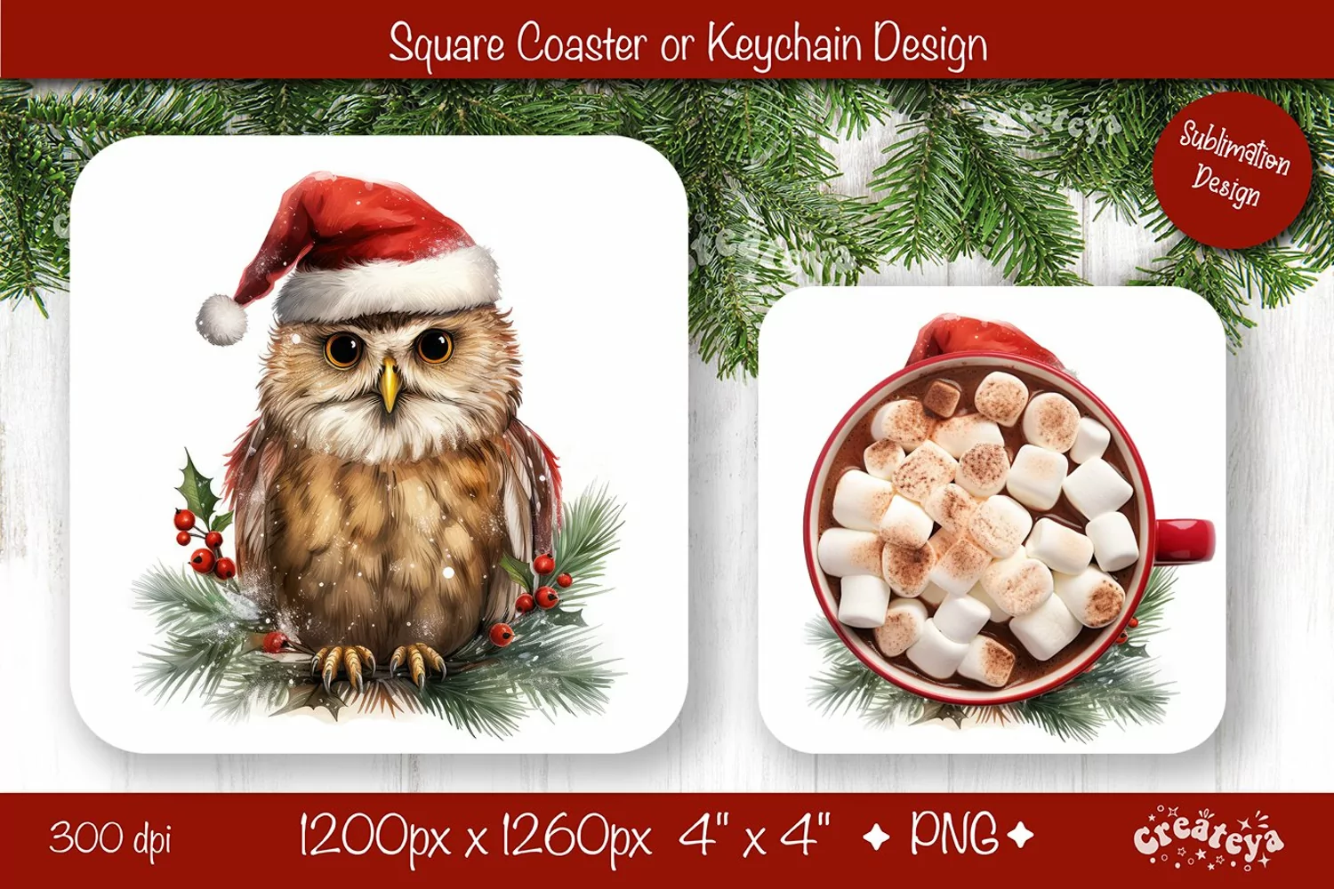 Christmas coaster Sublimation Square coaster design Owl product image 1