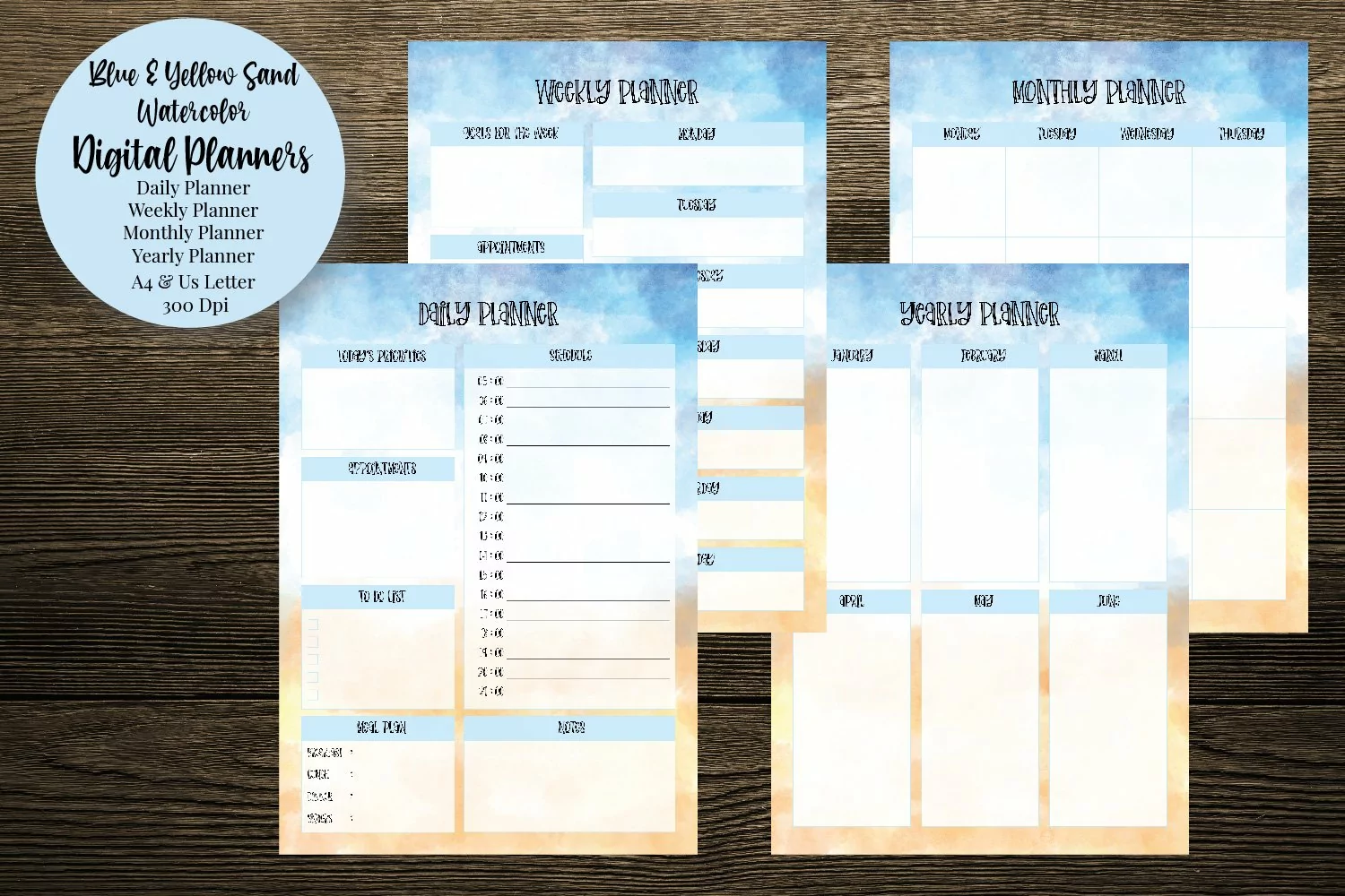 Blue and Yellow Sand Watercolor Digital Planners product image 1