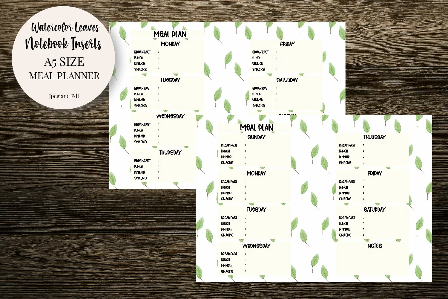 Watercolor Leaves Meal Planner A5 Size Notebook Inserts product image 1