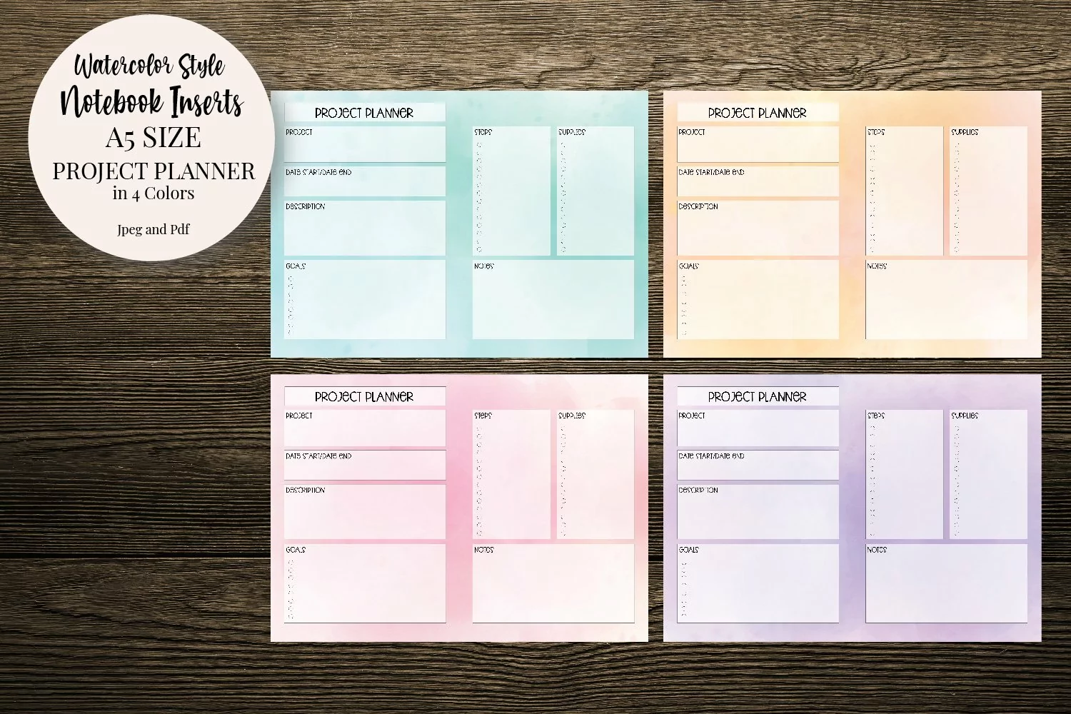Watercolor Style Project Planner A5 Size Notebook Inserts product image 1