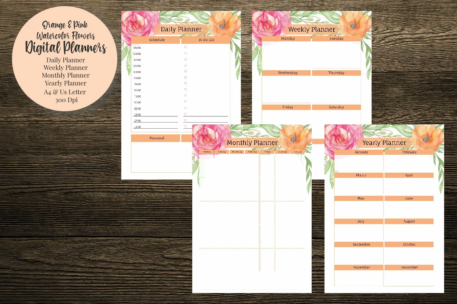 Orange and Pink Watercolor Flowers Digital Planners product image 1