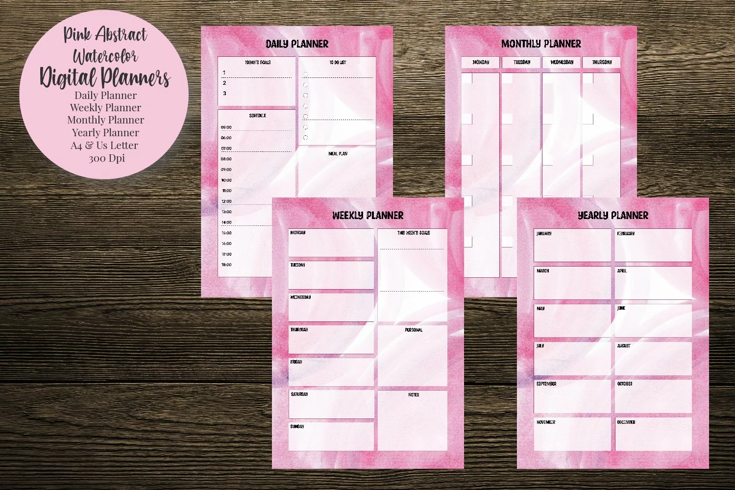 Pink Abstract Watercolor Digital Planners product image 1