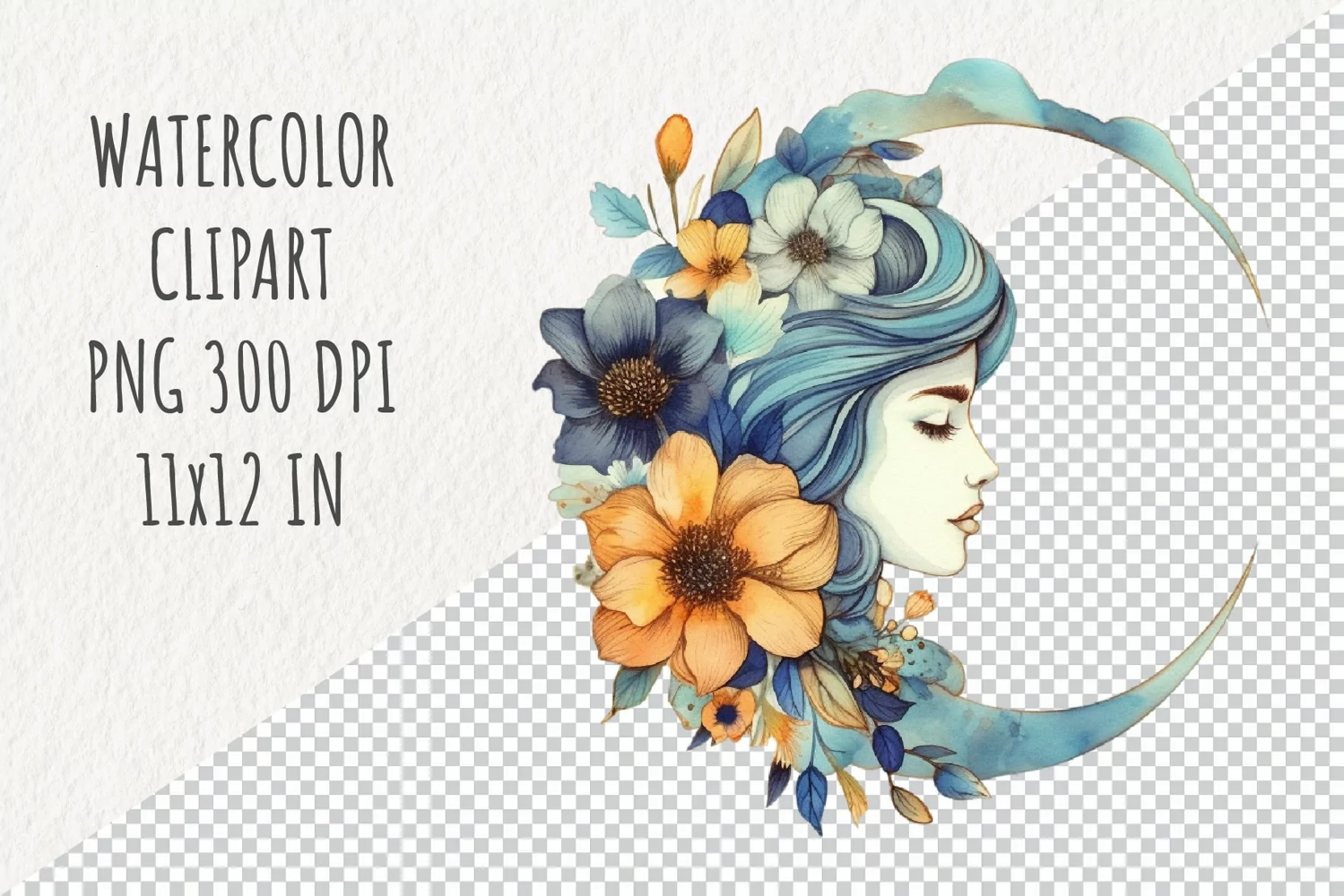 Flower and Moon | Sublimation Design| Watercolor Clipart product image 1