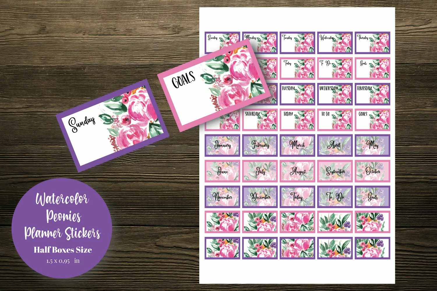 Watercolor Peonies Half Boxes Planner Stickers product image 1