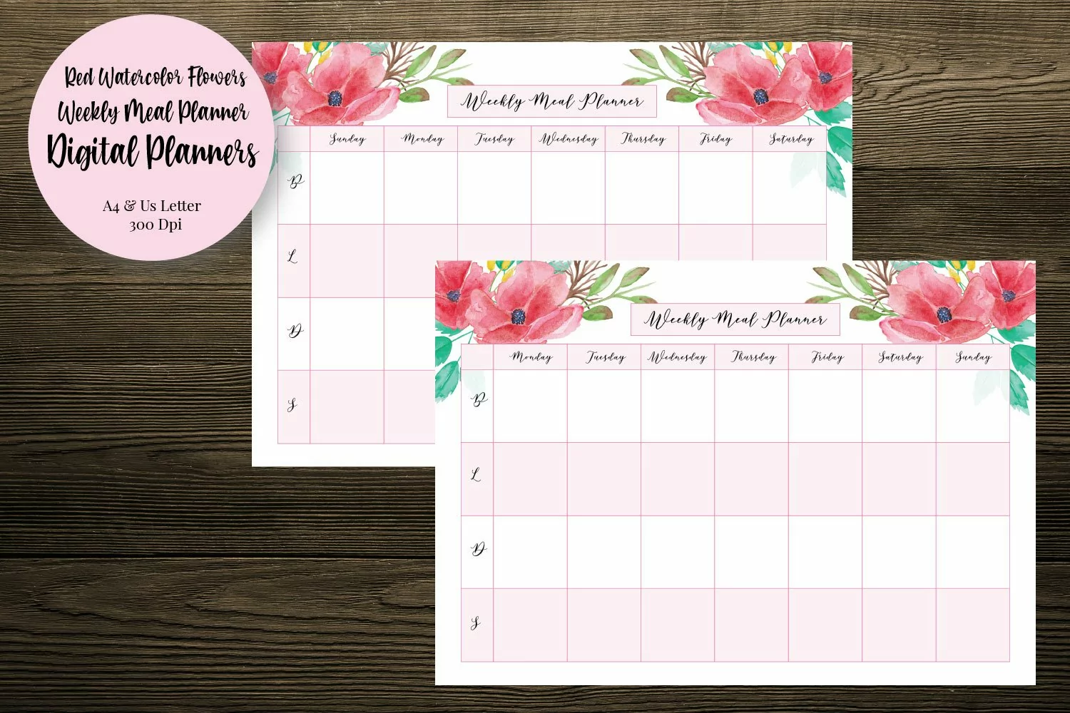 Red Watercolor Flowers Meal Planner product image 1