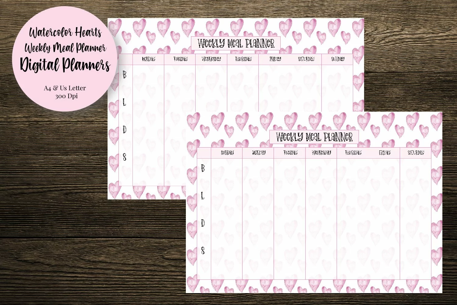 Watercolor Hearts Weekly Meal Planner product image 1