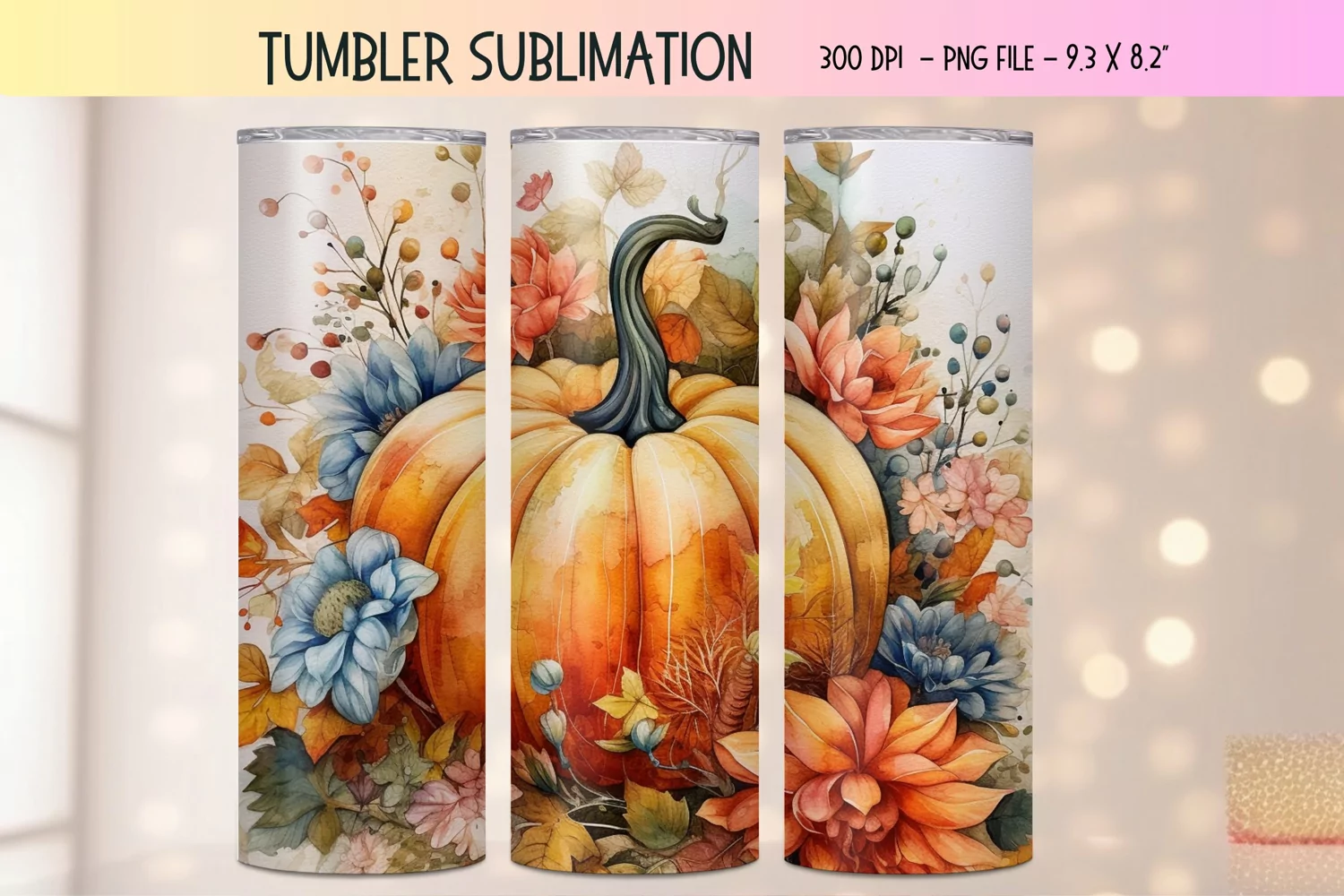  Pumpkin Tumbler Wrap  Watercolor Tumbler Sublimation Fall