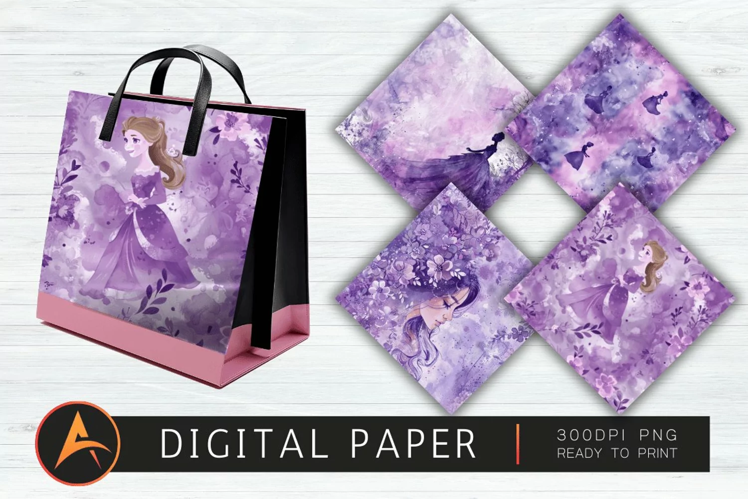 Purple Watercolor Princess Digital Paper product image 1