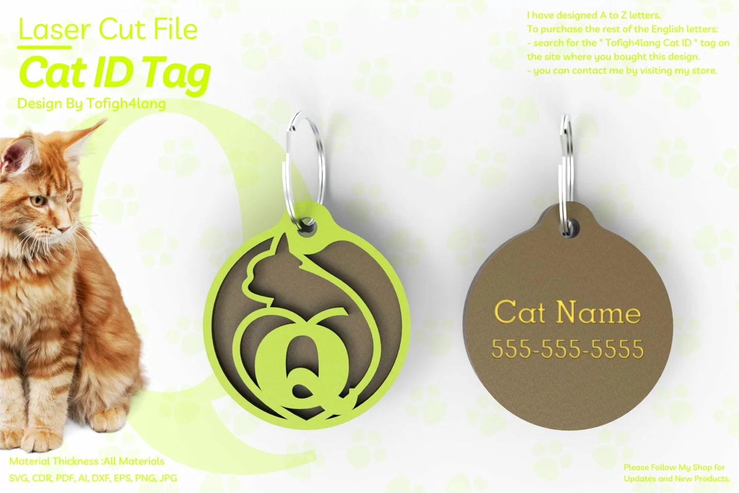 Q | Cat ID Tag | Cat ID Tag Slide On Collar| laser cut | SVG product image 1