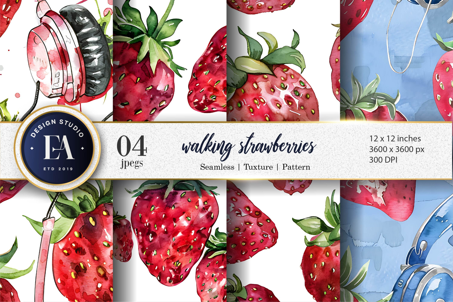 Walking Strawberries Watercolor Seamless Digital Papers product image 1