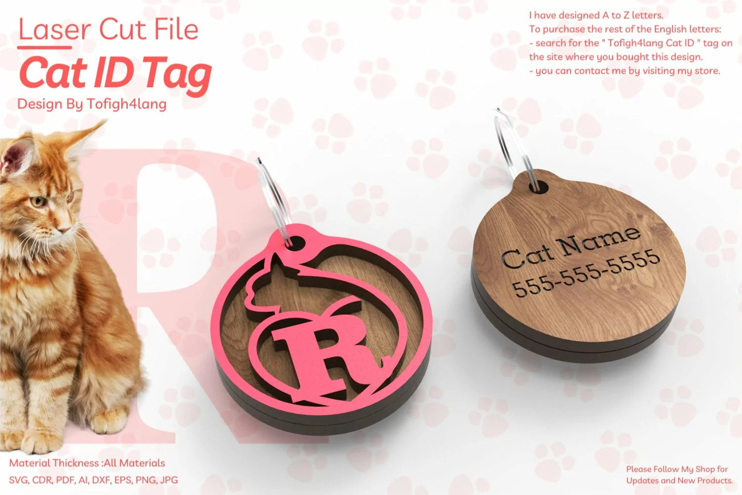 R | Cat ID Tag | Cat ID Tag Slide On Collar| laser cut | SVG product image 1