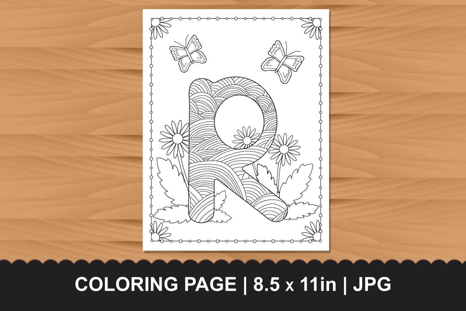Letter R Coloring Page with Butterflies and Flowers product image 1