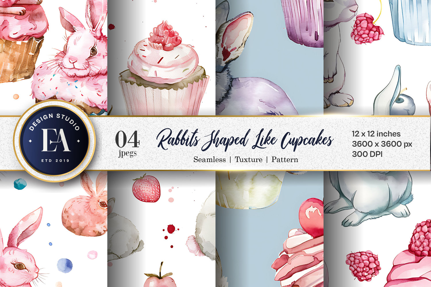 Cupcakes with Rabbits Watercolor Digital Paper | Patten product image 1