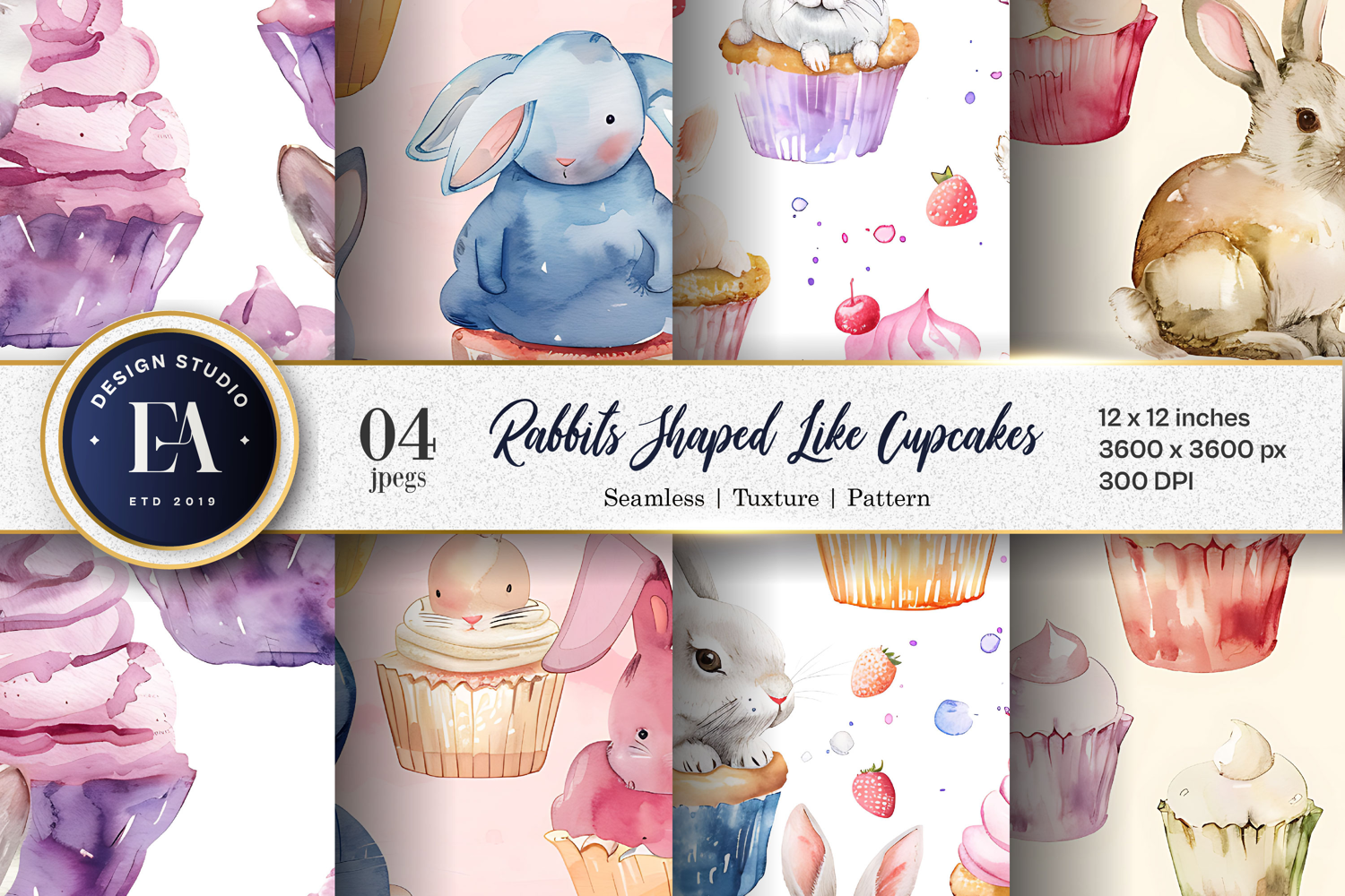 Cupcakes with Rabbits Watercolor Digital Paper | Patten product image 1