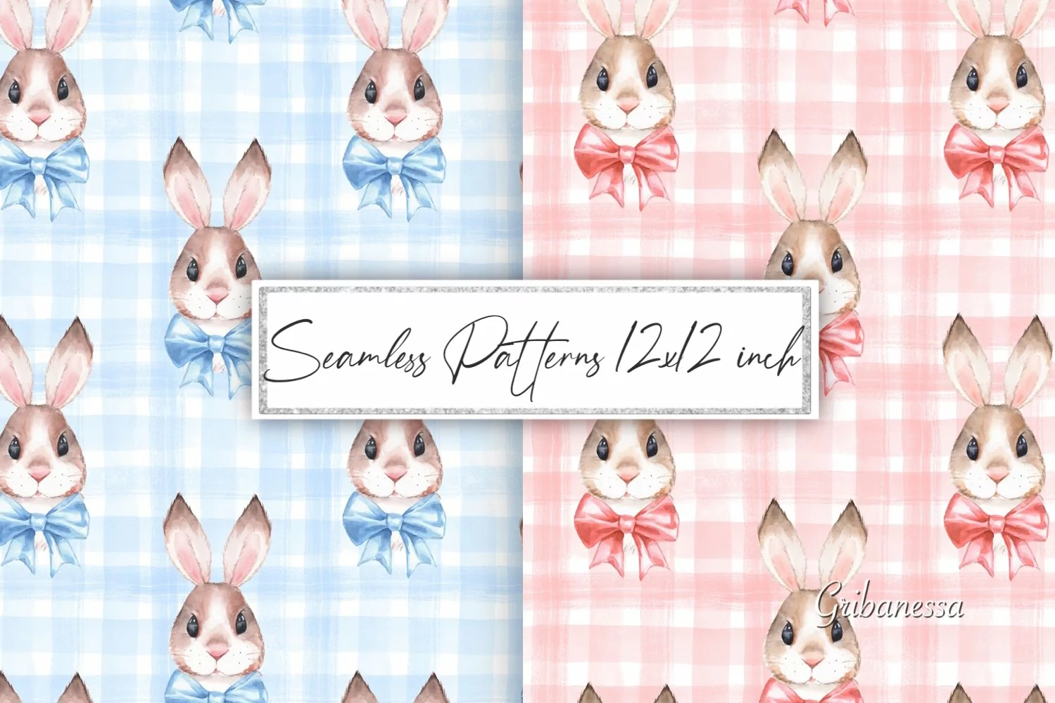 Watercolor patterns with rabbits | Bunny digital paper product image 1