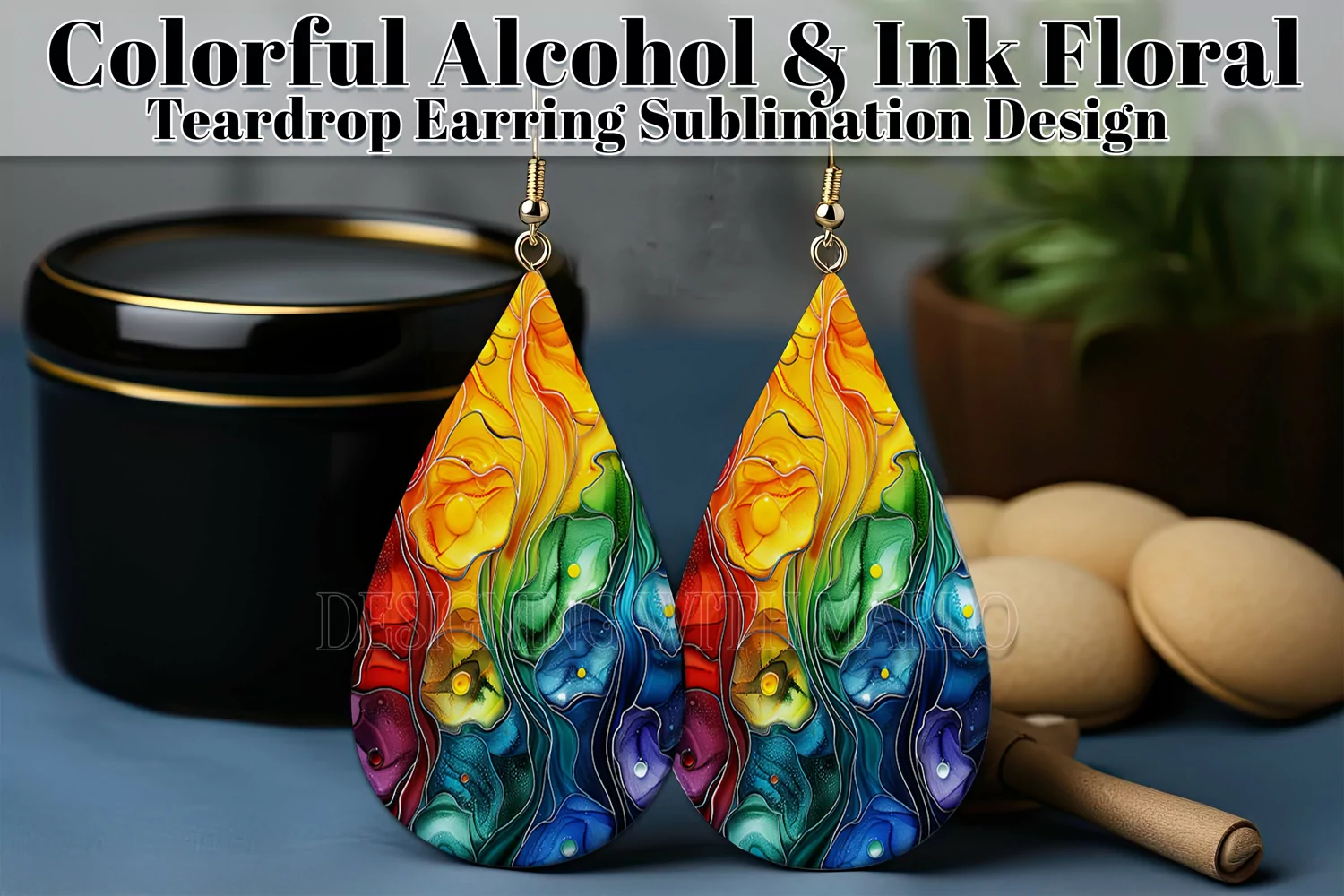 Alcohol Ink Teardrop Earring Design, Floral Earring PNG 14 product image 1