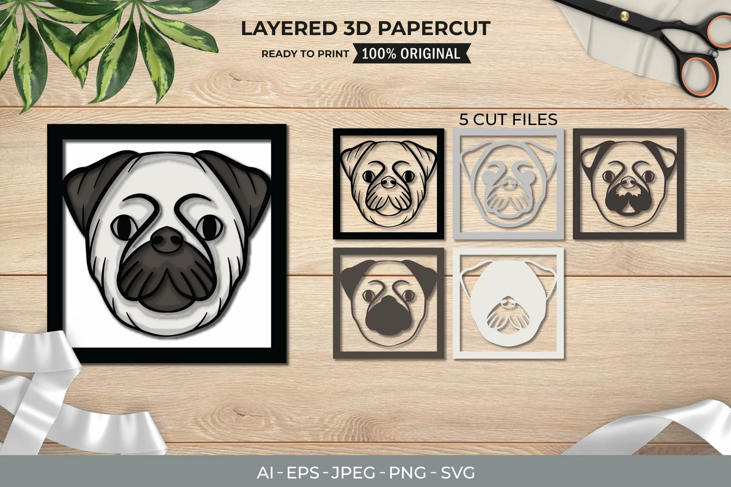 Pug's Head, Dog 3D Shadow Box Layered Papercut product image 1