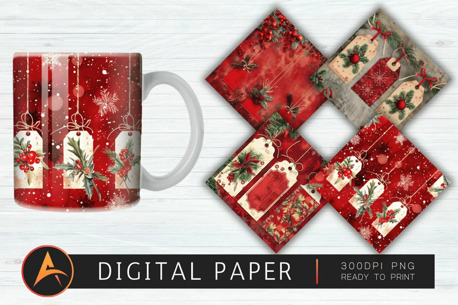 Red Christmas Digital Gift Tags Digital Paper product image 1