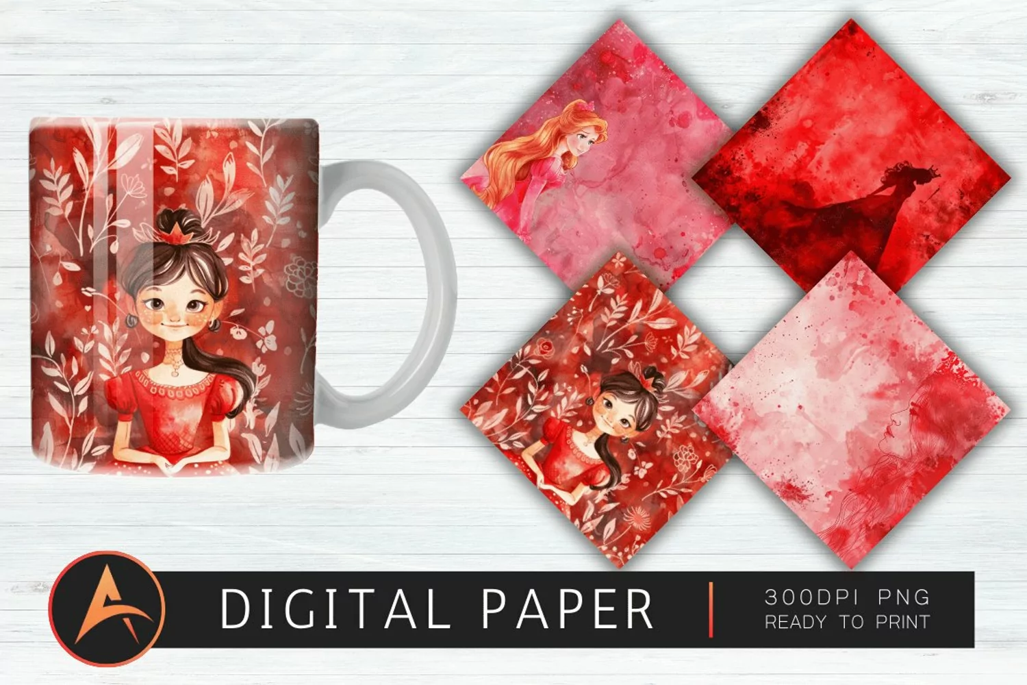 Red Watercolor Princess Digital Paper pattern product image 1
