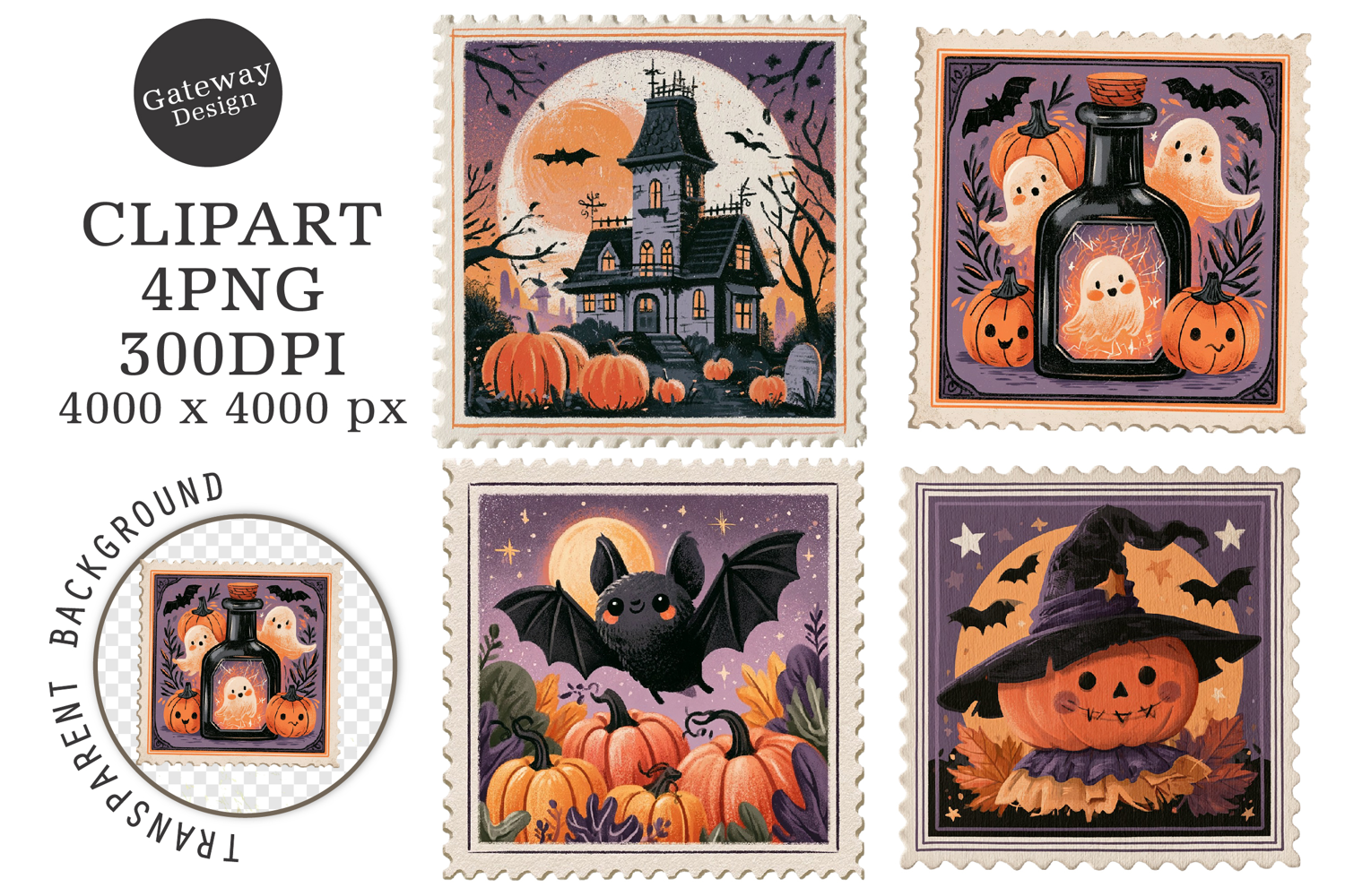 Retro Halloween Postage Stamp PNG product image 1