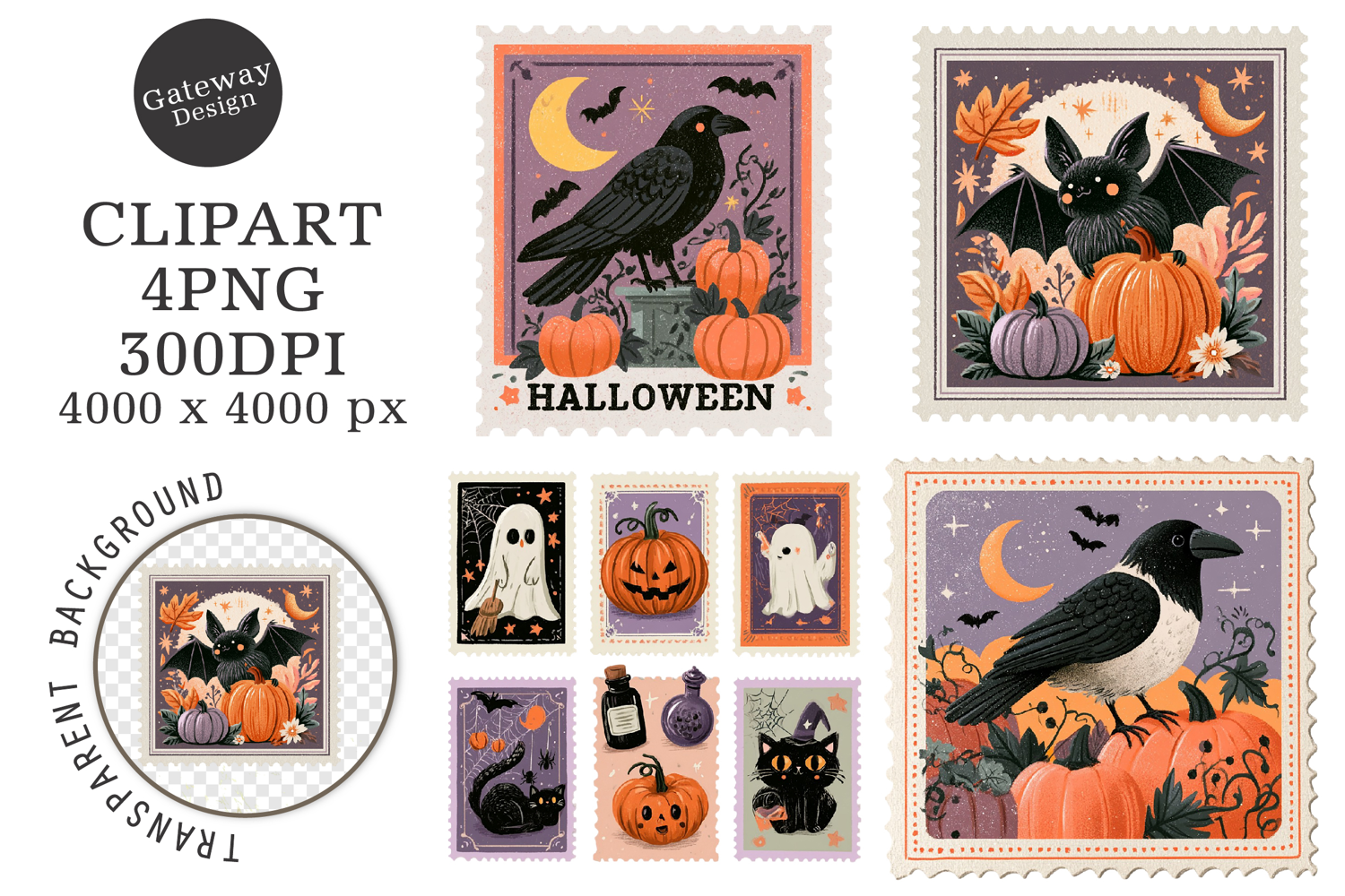 Retro Halloween Postage Stamp PNG product image 1