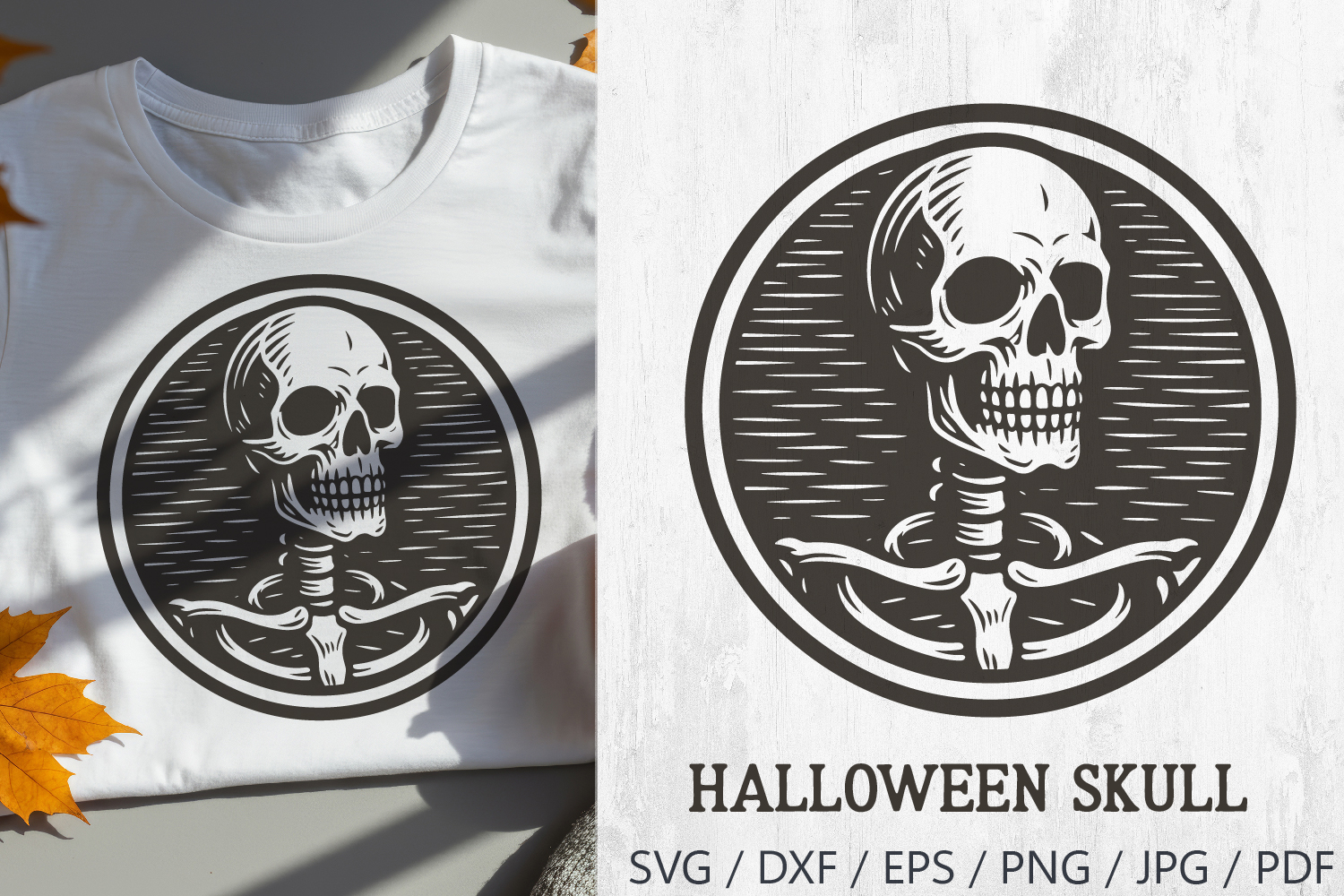 Retro Halloween Skull SVG with vintage engraving style. This gothic skeleton design is perfect for spooky Halloween projects such as t-shirts, mugs, posters, stickers, party invitations, and creepy decorations. Works great with Cricut, Silhouette