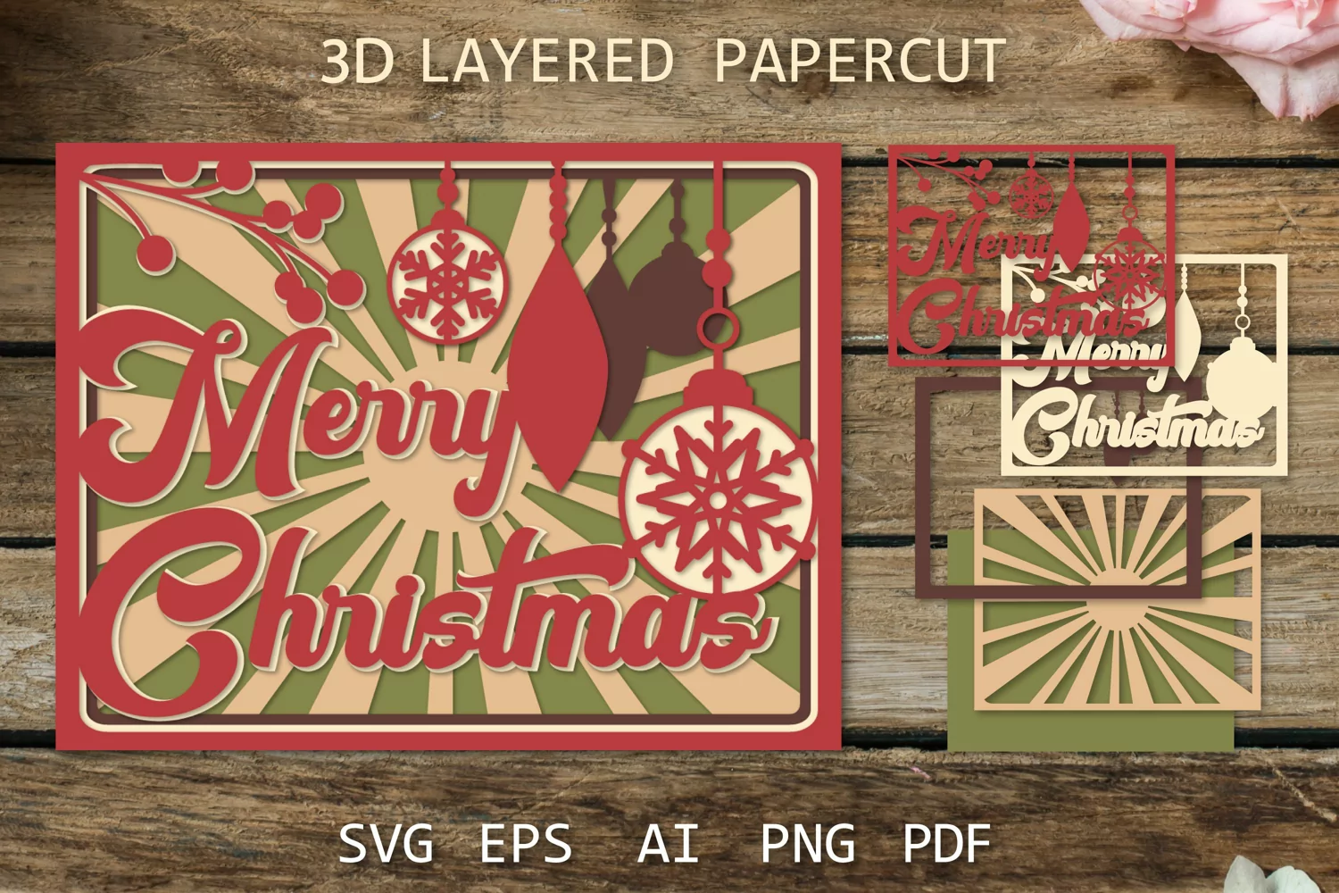 Retro Merry Christmas card SVG 3D Vintage Layered paper cut